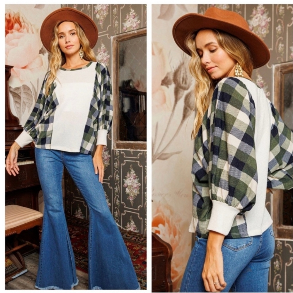 Boho Check Pattern Color Block Balloon Sleeve Top - Picture 2 of 4